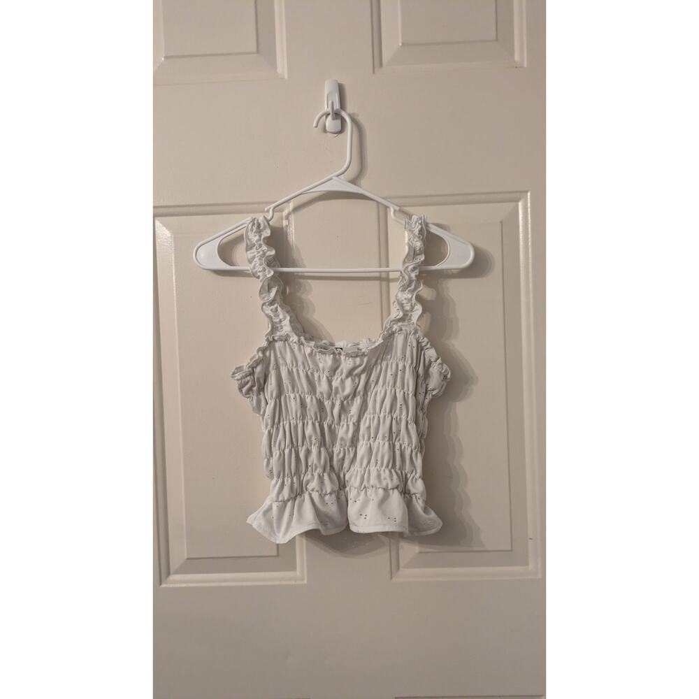 Divided Cottagecore Eyelet White Stretchy Tank Top Mid Drift, Ruffle Sleeves, LG